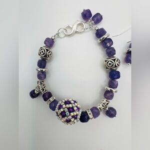 Genuine Amethyst Bracelet with Rhinestone Pavé Accent & Matching Earrings